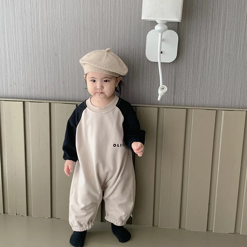 

2026 Spring New Baby Long Sleeve Patchwork Romper Letter Print Infant Boy Girl Cotton Casual Jumpsuit Newborn Clothes 0-24M