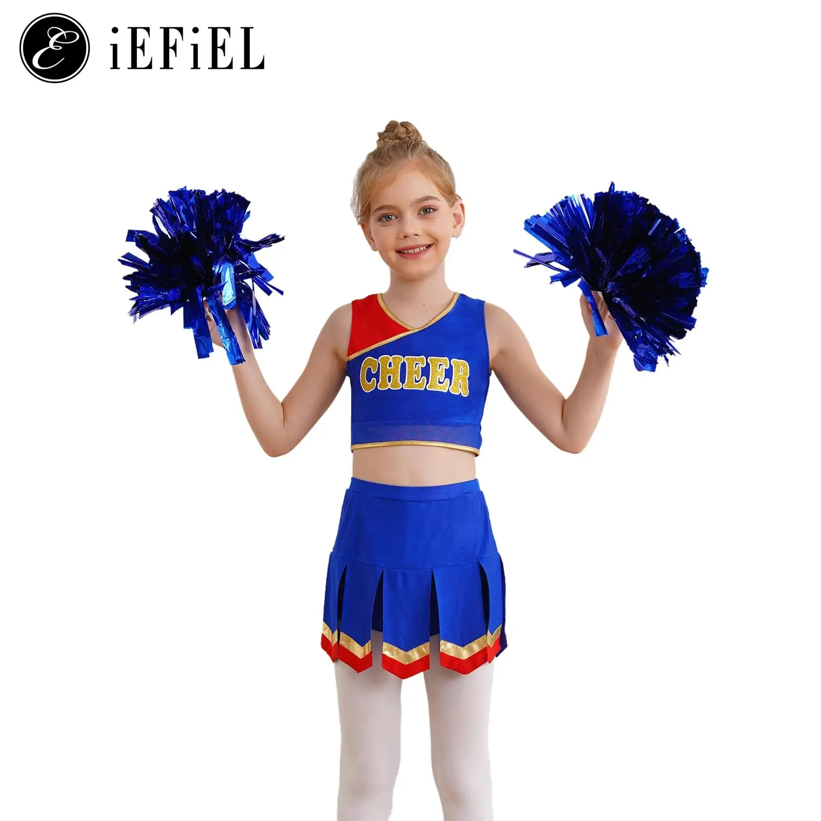 

Big Girls Cheer Leader Dance Costume Halloween Cosplay Dress-up School Musical Show Crop Top with Pleated Skirts Pompom Socks