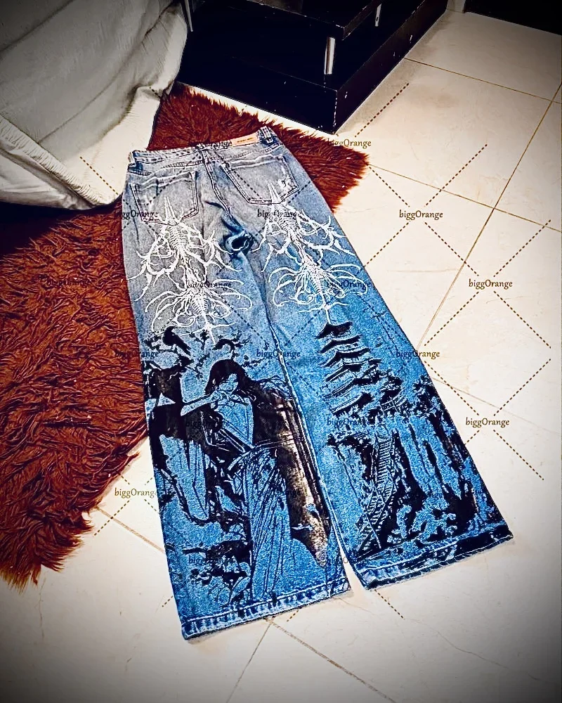 

newHigh Street Y2K Harajuku Anime Print Jeans Women Gothic Retro streetwear Trousers Hip-hop Casual Baggy Denim Straight-leg Pan