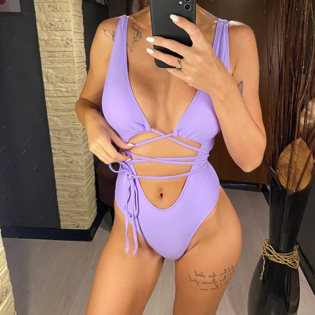 Sexy Bandage-Badeanzug mit Wickeldesign, tiefem V-Ausschnitt und Cut-Outs, einteiliger Monokini-Badeanzug für Damen, Badebekleidung, Badeanzug, Modell V1037 – Detail 7