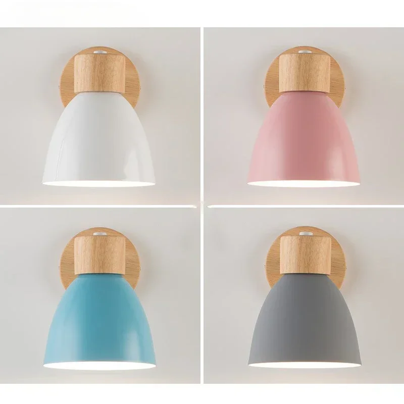 Modern Wooden Wall Lamp with Switch Sconce Bedroom Living Room Home Lighting Macaroon Steering Head Colors E27 Nordic Wall Light image 4