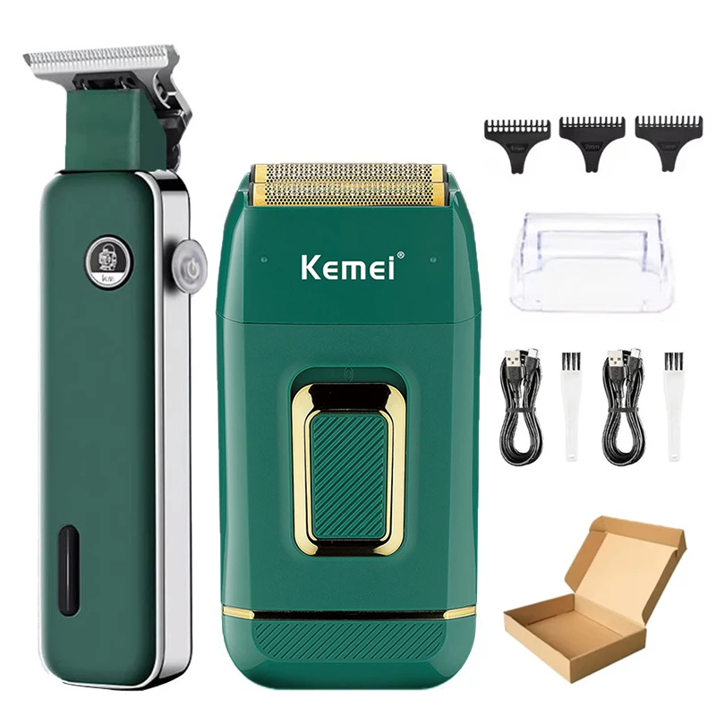 Kemei Professionele Tondeuse Oplaadbare Elektrische Tondeuse Nat en Droog Gebruik Scheerapparaat Voor Mannen KM-5098 KM-2031 Groene Kit
