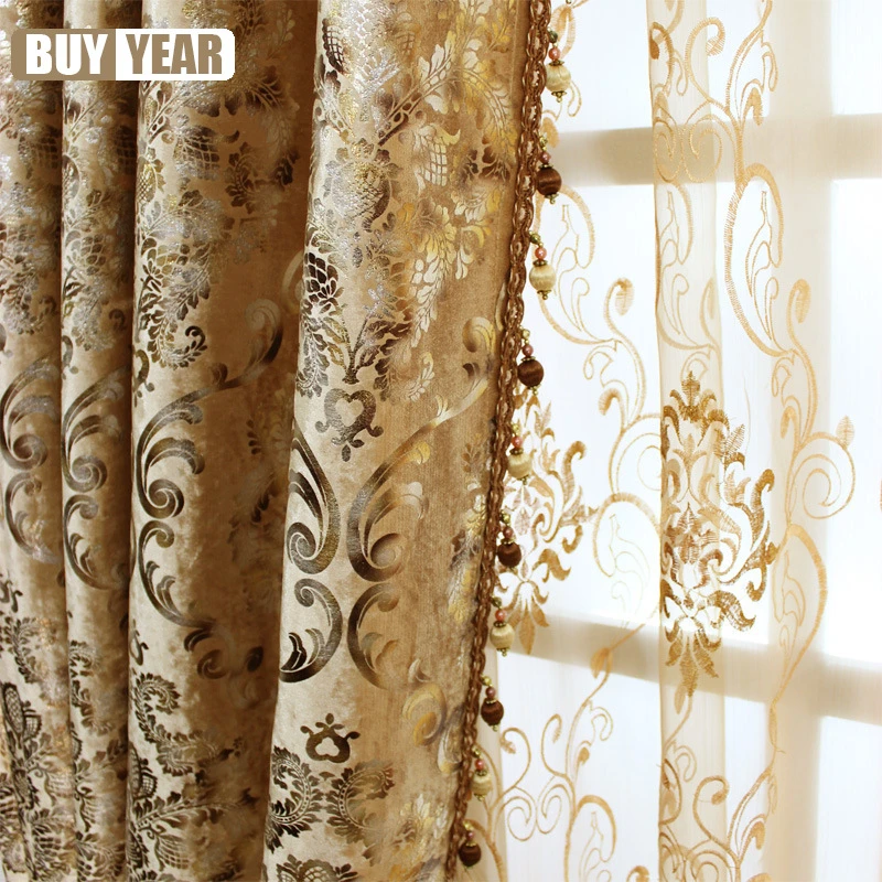 

Embroidered Luxury Gold Curtains for Living Room Curtains for Bedroom European Sheer Tulle Print High Blackout Windows Backdrop