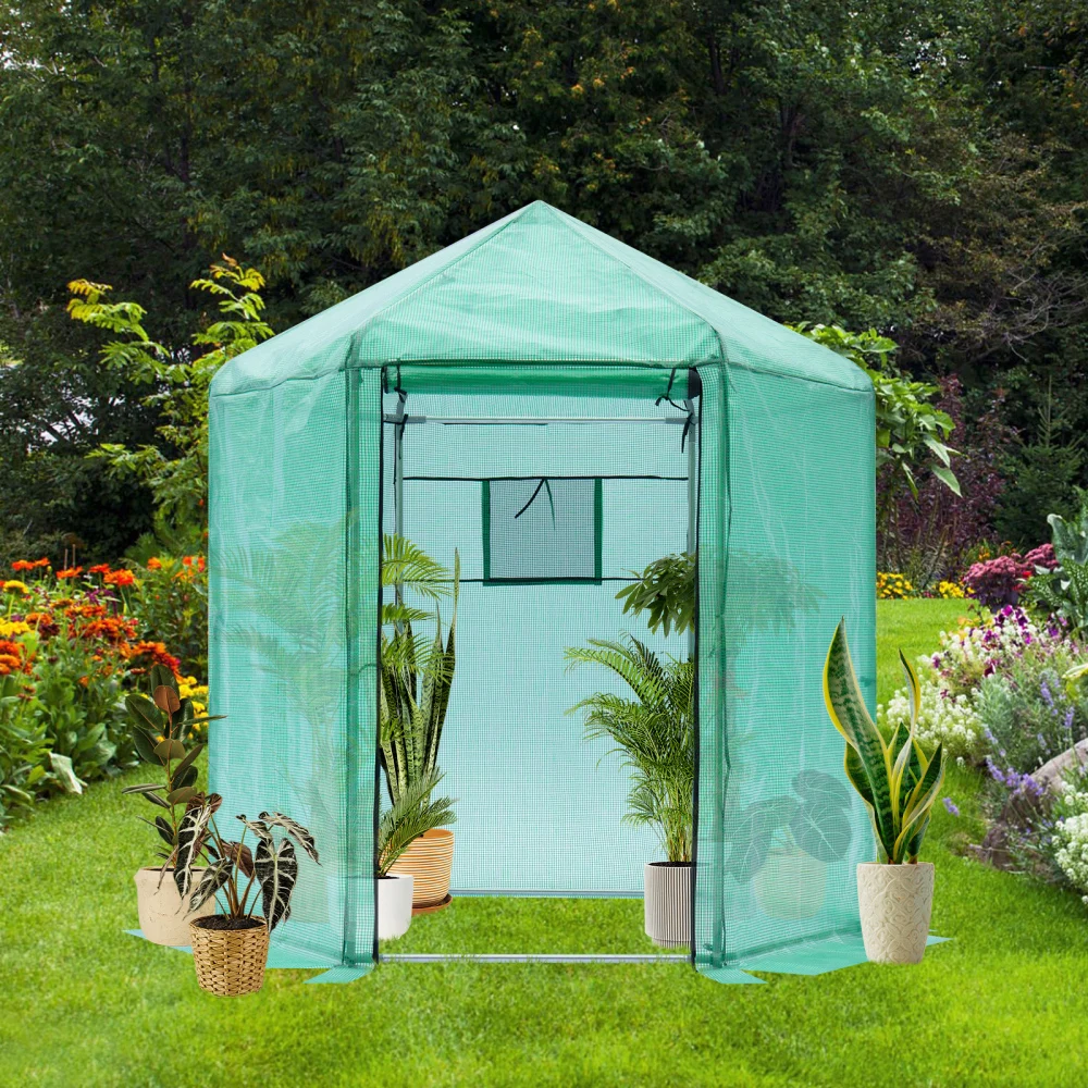 Walk-in Greenhouse Hexagonal Upgrade Reinforced Frame Heavy Duty Plastic Greenhouse Reinforced Thickened Waterproof Insulation