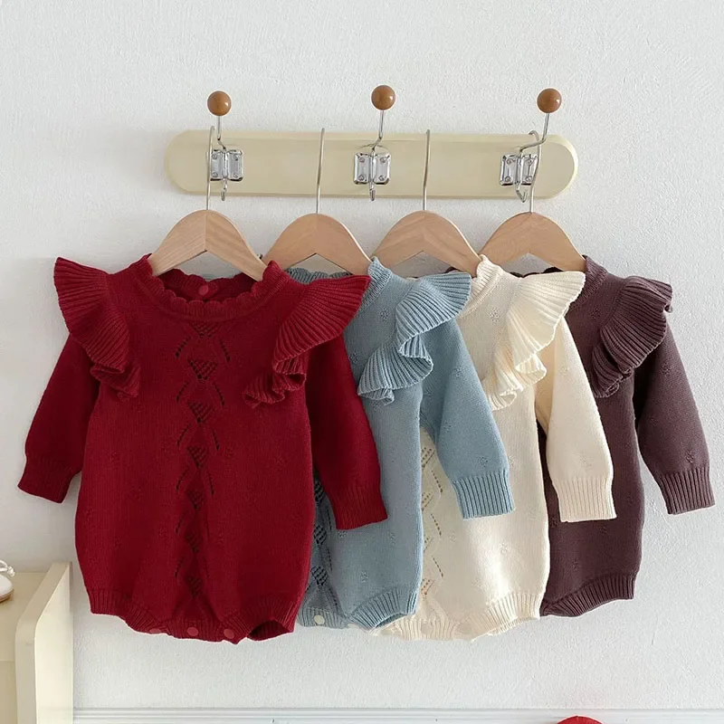 2024 New Autumn Toddler Baby Girl Knitted Romper Long Sleeved Solid Color Korean Style Climbing Suit Baby Girl Knitted Clothing