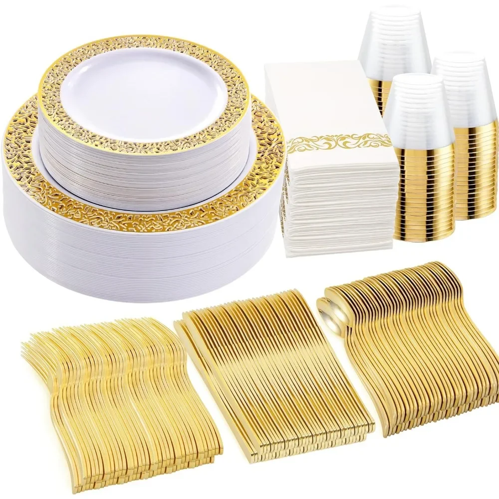 Party Supplies  Gold Cutlery Set Plates & Napkins Party Supplies Event Festival Home Garden Disposable Tableware