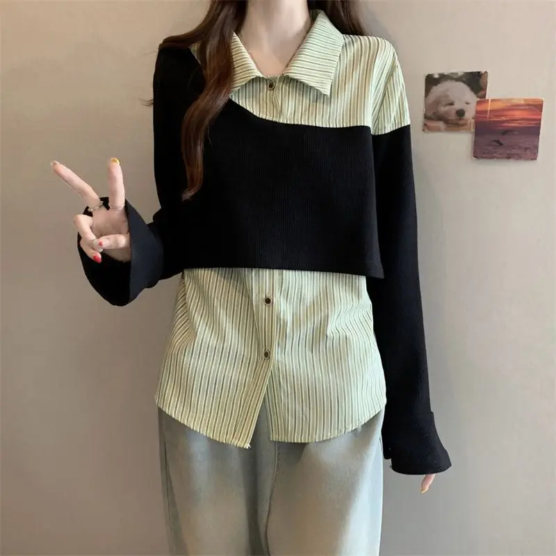 Striped button splicing new Chinese style striped shirt for women bell sleeves contrasting color loose and versatile top