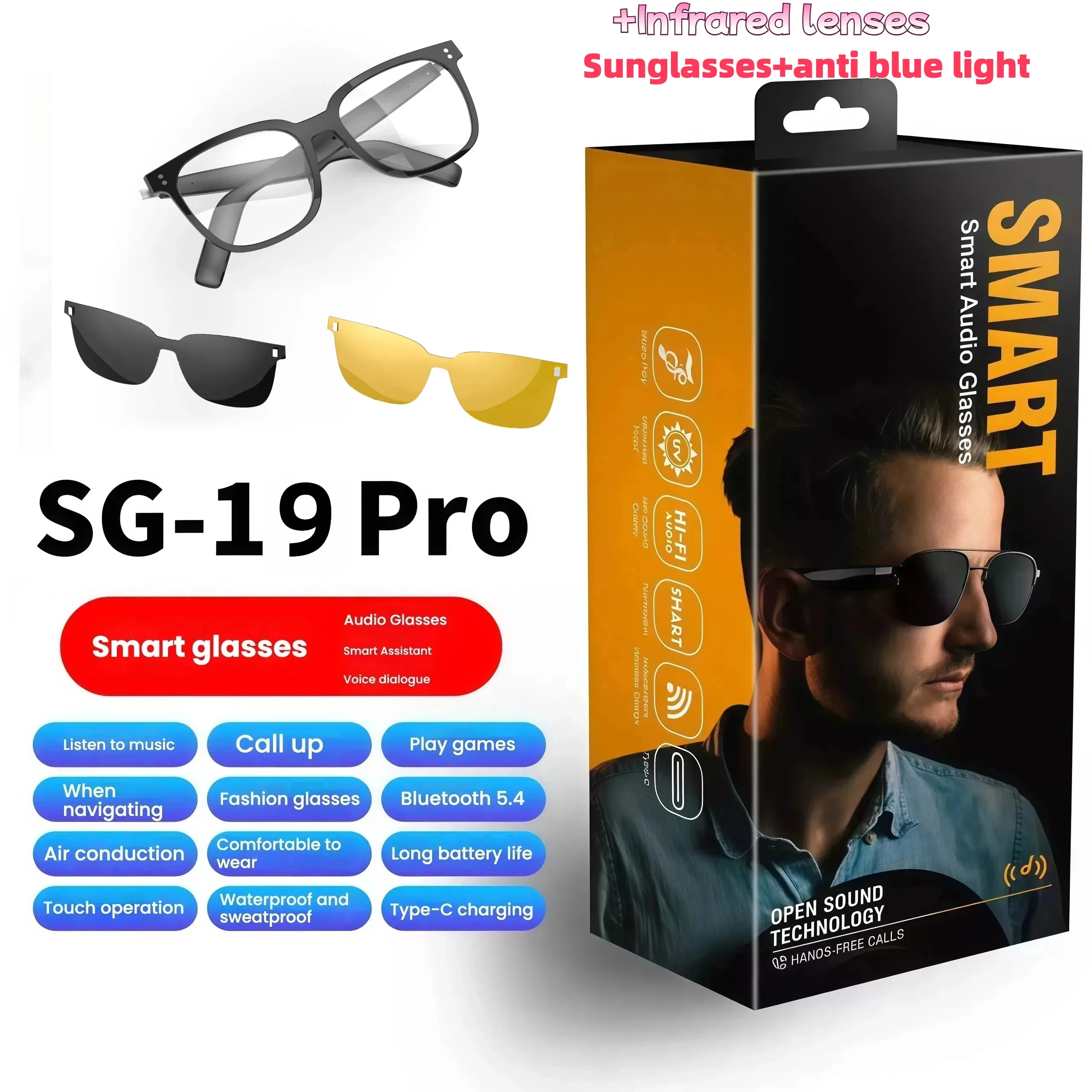 

Умные очки с магнитной линзой SG19, линзы Lnfrared 3-в-1 + солнцезащитные очки + защита от синего света, музыкальные солнцезащитные очки с открытыми ушами, аккумулятор 80 + 80 мАч