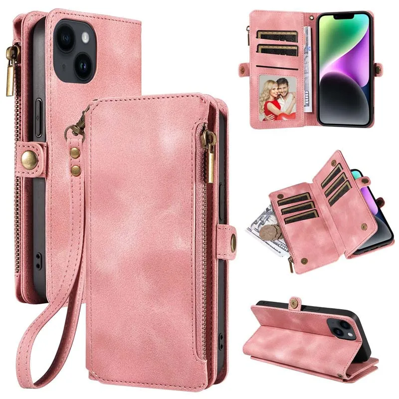 

for iPhone 17 Pro Max 17 Air Wallet Case Foldable Stand Matte Leather Flip Handbag Multi-pocket Zip Strap Pouch Coverage Bumper