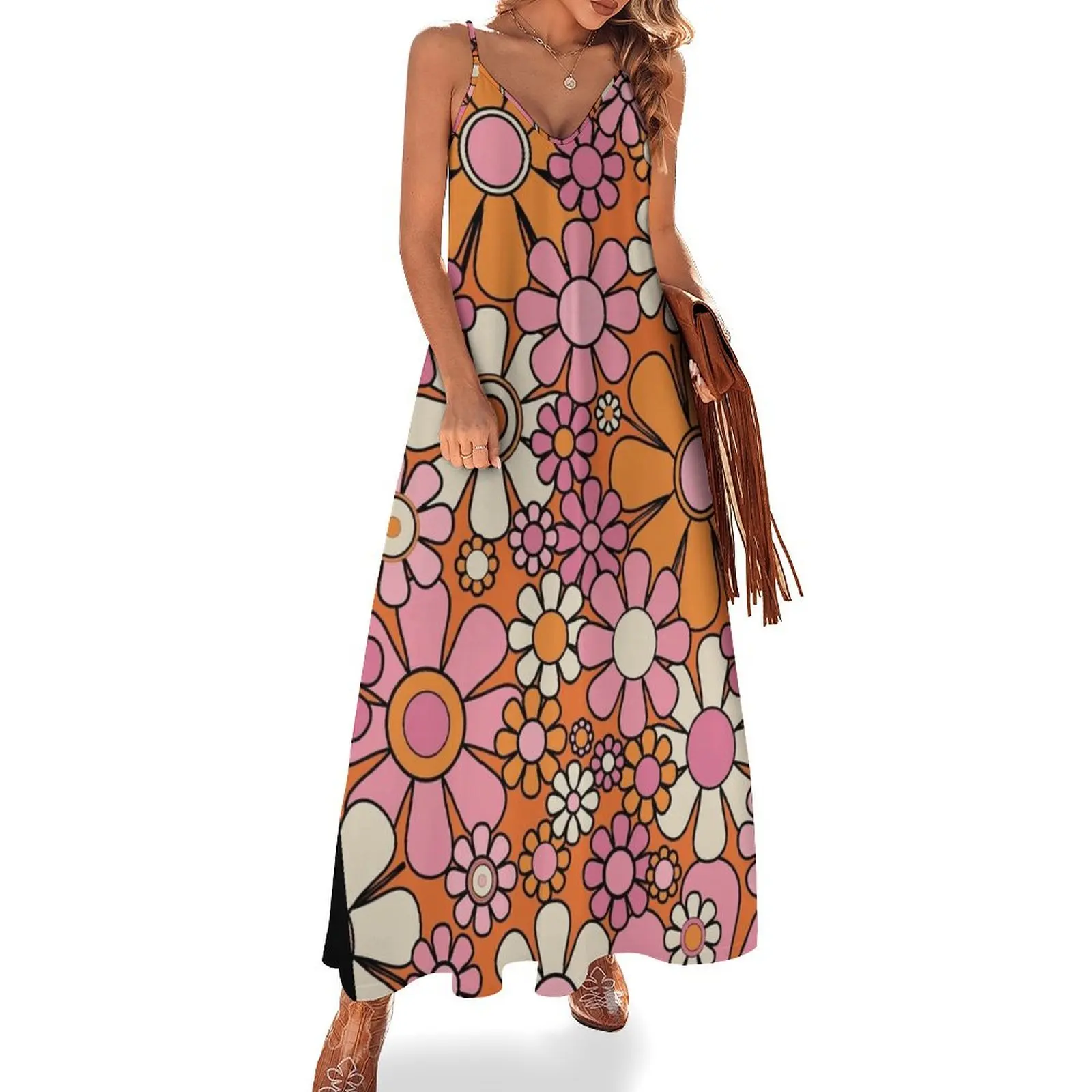 

Retro Garden Flowers Groovy 60s 70s Floral Pattern in Thulian Pink, Orange, Cream Beige, and Black Sleeveless Dress