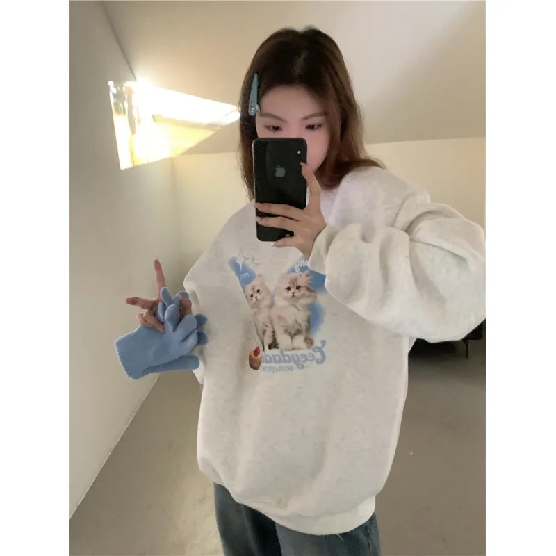 Chic Sweet O-neck Printed Hoodie Women Aesthetic Cartoon Kawaii Clothes Loose Casual Long Sleeve Y2K Top Harajuku Sweatshirts