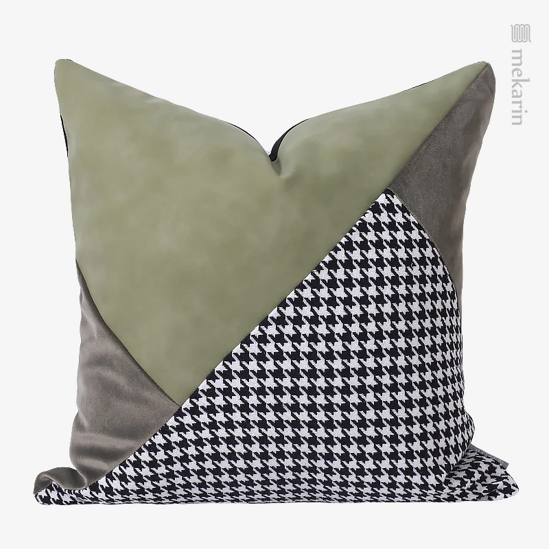 Simple modern light luxury houndstooth stitching green leather pillow living room sofa cushion square pillow hotel pillow