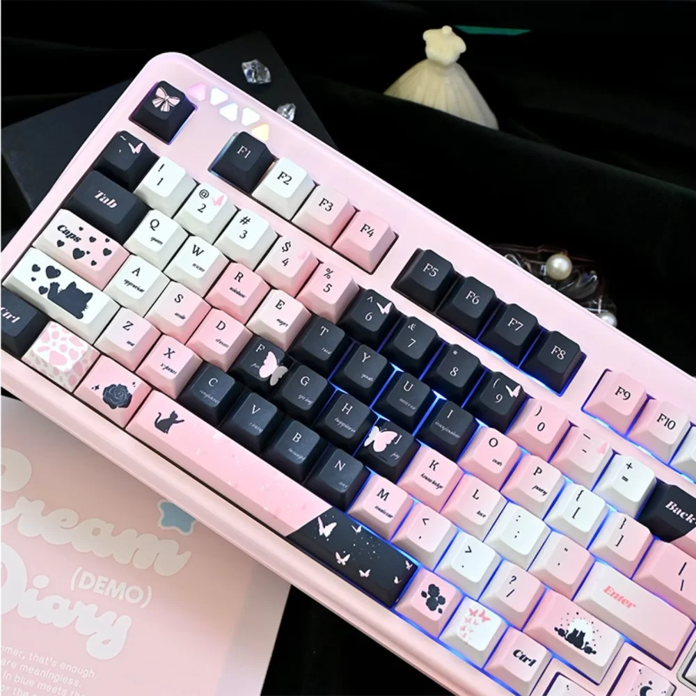 131 Keys, Cherry, Black Cat Rose, Keycap PBT for Mx Cherry Gateron Switch Mechanical Keyboard Kit