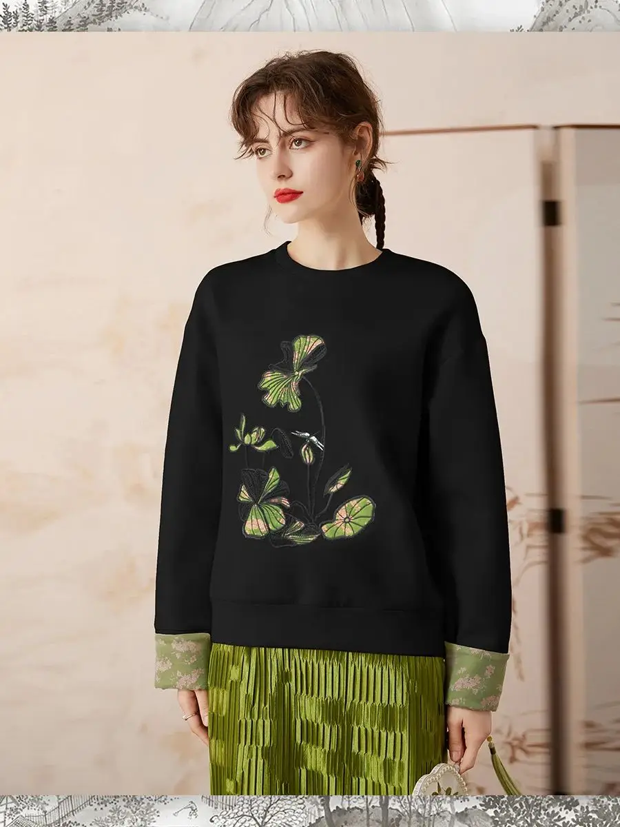 LOUIS YAO Women Chinese Style Pullover 2024 Spring Elegant Embroidery Round Neck Long Sleeve Loose Black Apricot Top