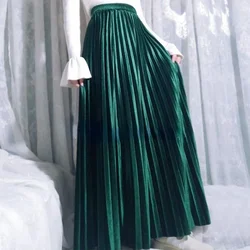 Autumn Winter Velvet Maxi Long Pleated Skirts Green Pleuche A-line Ankle Length Skirts