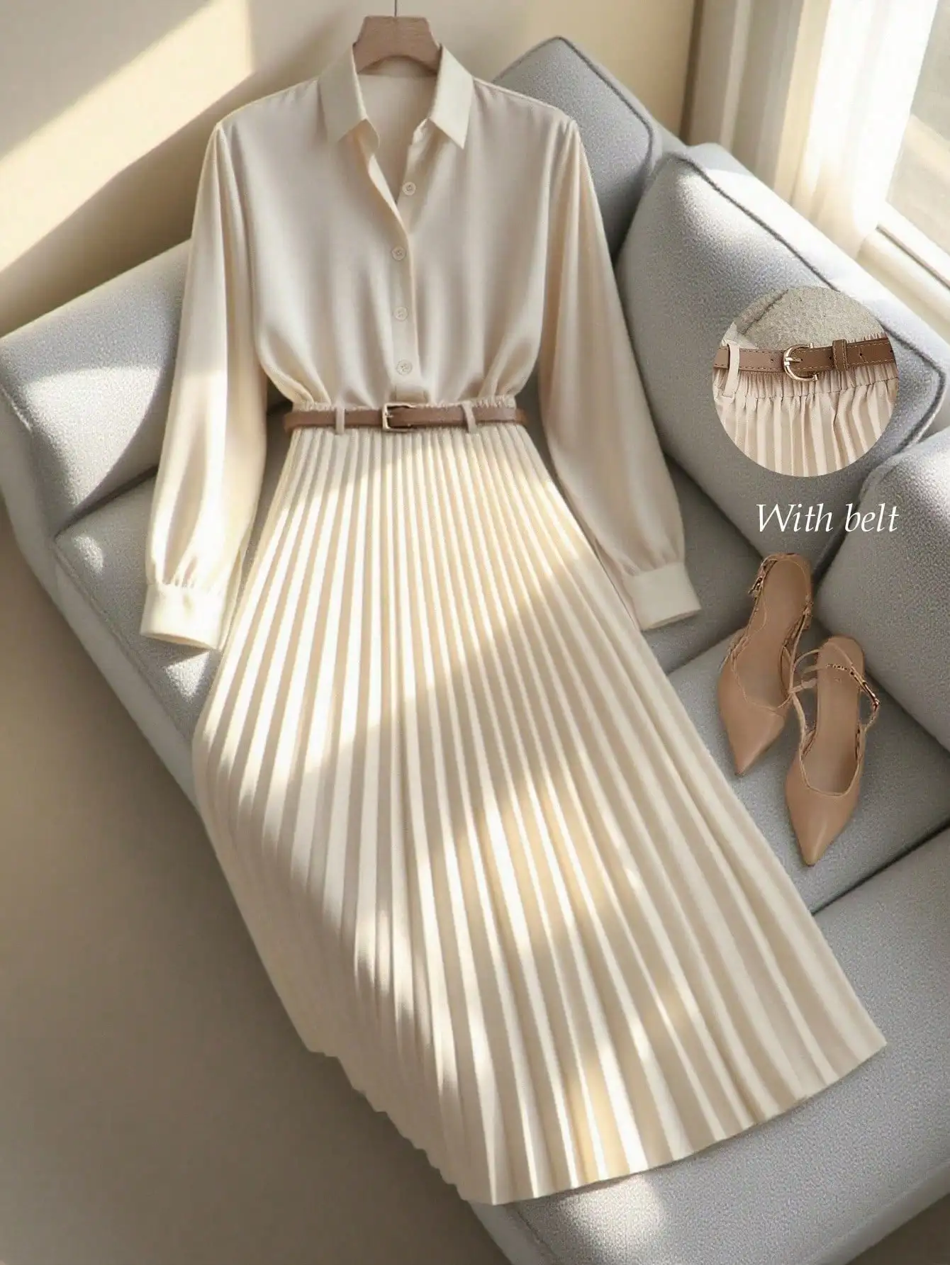 

Универсальная однотонная рубашка с длинным рукавом для повседневной носки в сочетании с женской юбкой А-силуэта, плиссированной юбкой, макси-юбкой, в комплекте с поясом.