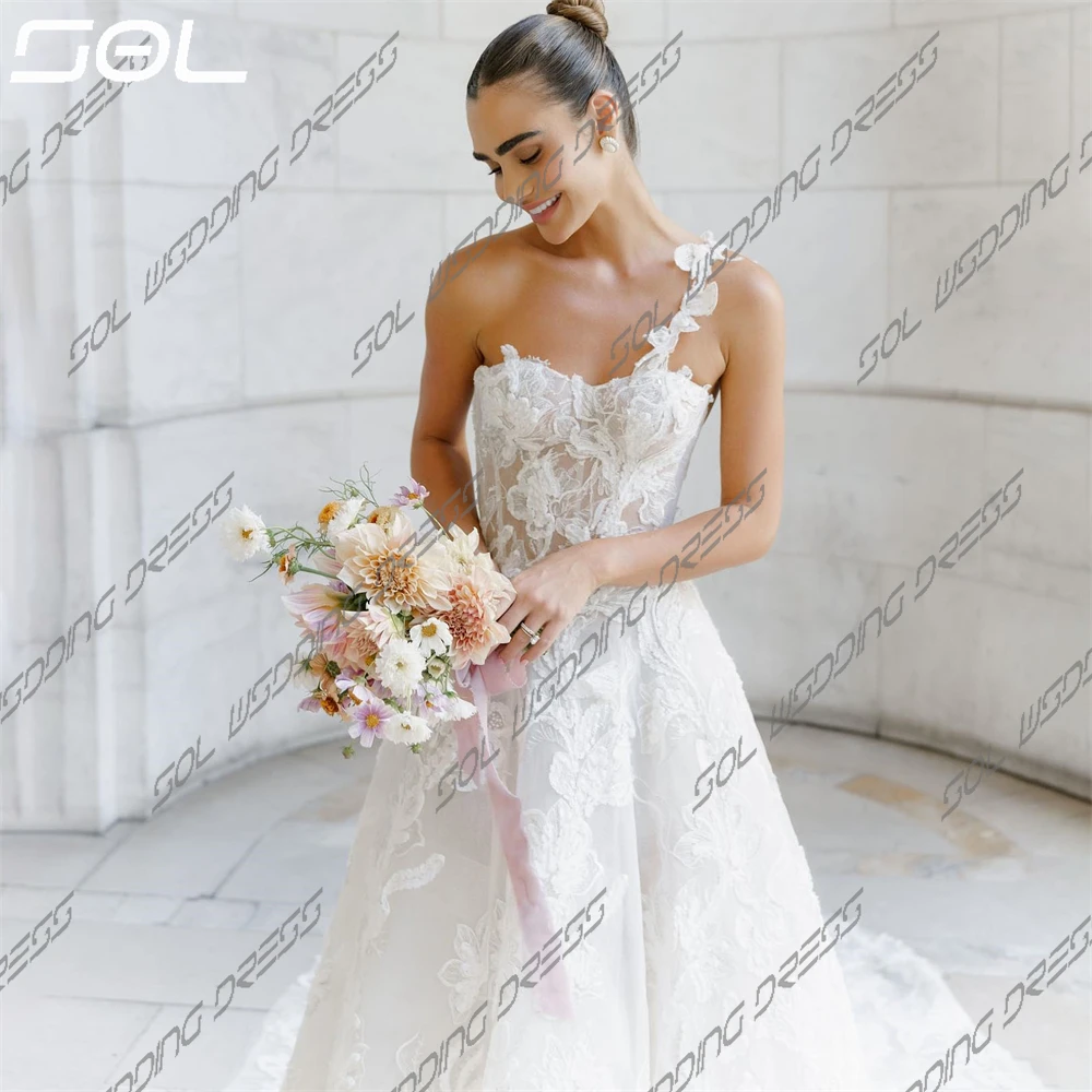 Sol Gorgeous 3D Lace Appliques One Shoulder Tulle Wedding Dress Sexy Sweetheart Back Up A-Line Bridal Gown Robe De Mariee