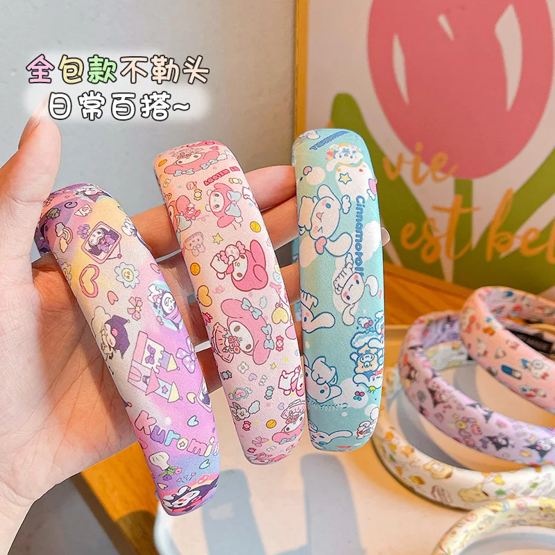 Nowa opaska do włosów dla dziewczynek Sanrio, gąbczasta, wysoka opaska na głowę, urocze akcesoria do włosów Kuromi, szeroka opaska z kompresją, gumka do włosów.