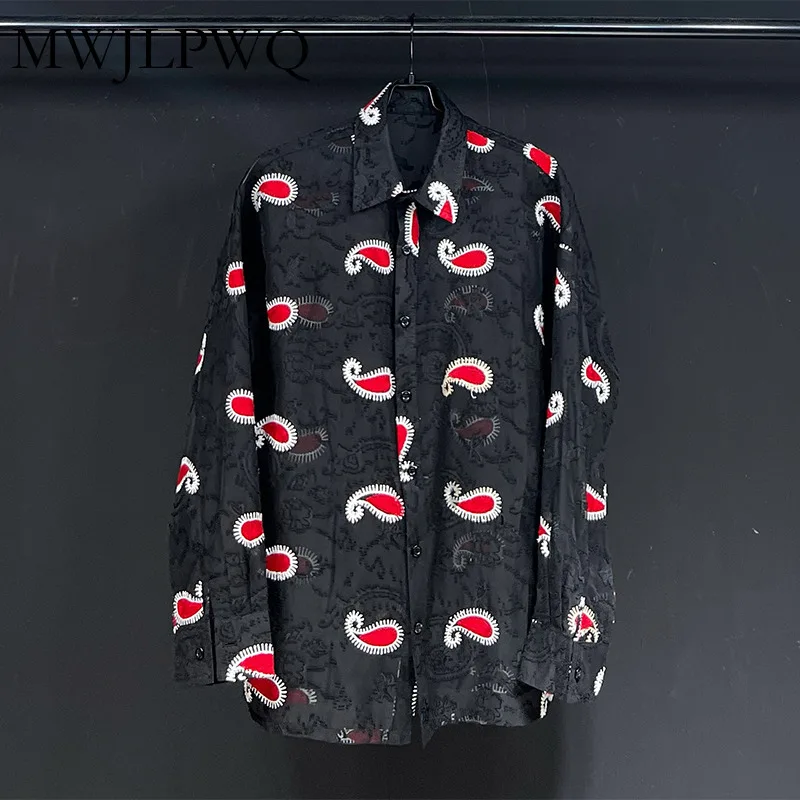 

MWJLPWQ Embroidery Printed Niche Design Shirt Men High Street Long Sleeve Autumn Clothes Penetrate Loose Casual Lapel Top 010887