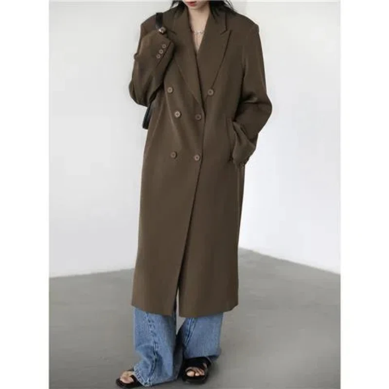 Women's Early Autumn New Retro Patchwork Button Pockets Solid Loose Double Breasted Slit Long Suit Jacket Over Knee Trench