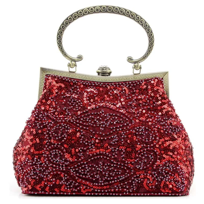 Vintage Women Evening Bag Crossbody Women Clutch Bags Burgundy Pearl Beaded Purse Chain Shoulder Party Bag with Metal Hasp