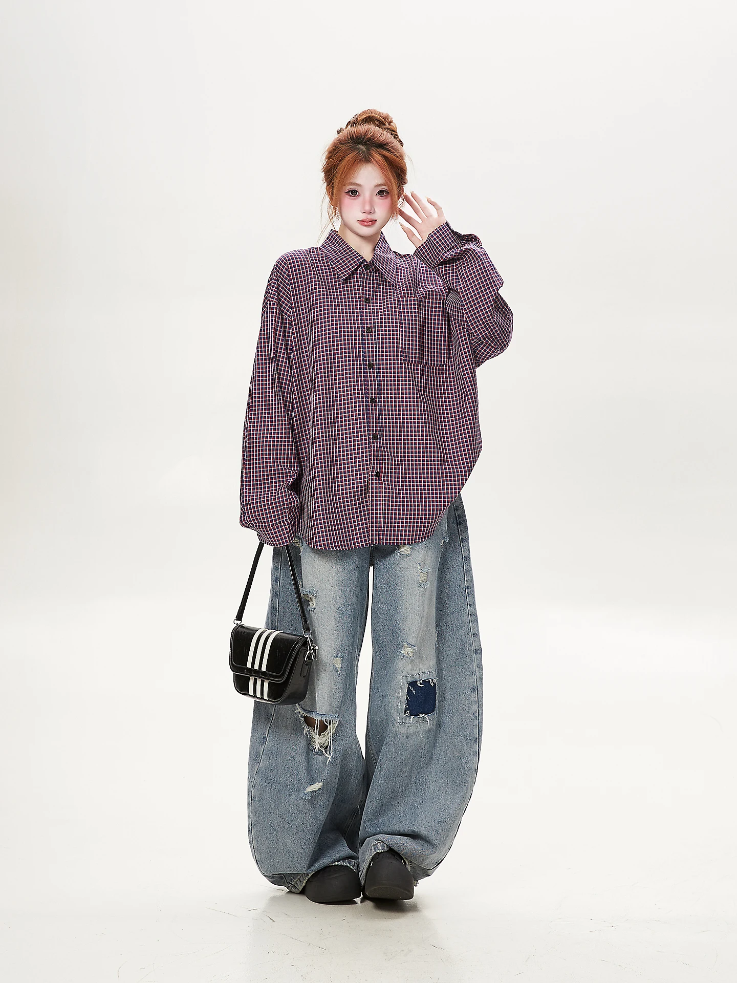 Ant Brand Japanese Retro Plaid Shirt Women's Long Sleeve Loose Lazy Style Versatile Commute Top Trendy Cotton Workwear