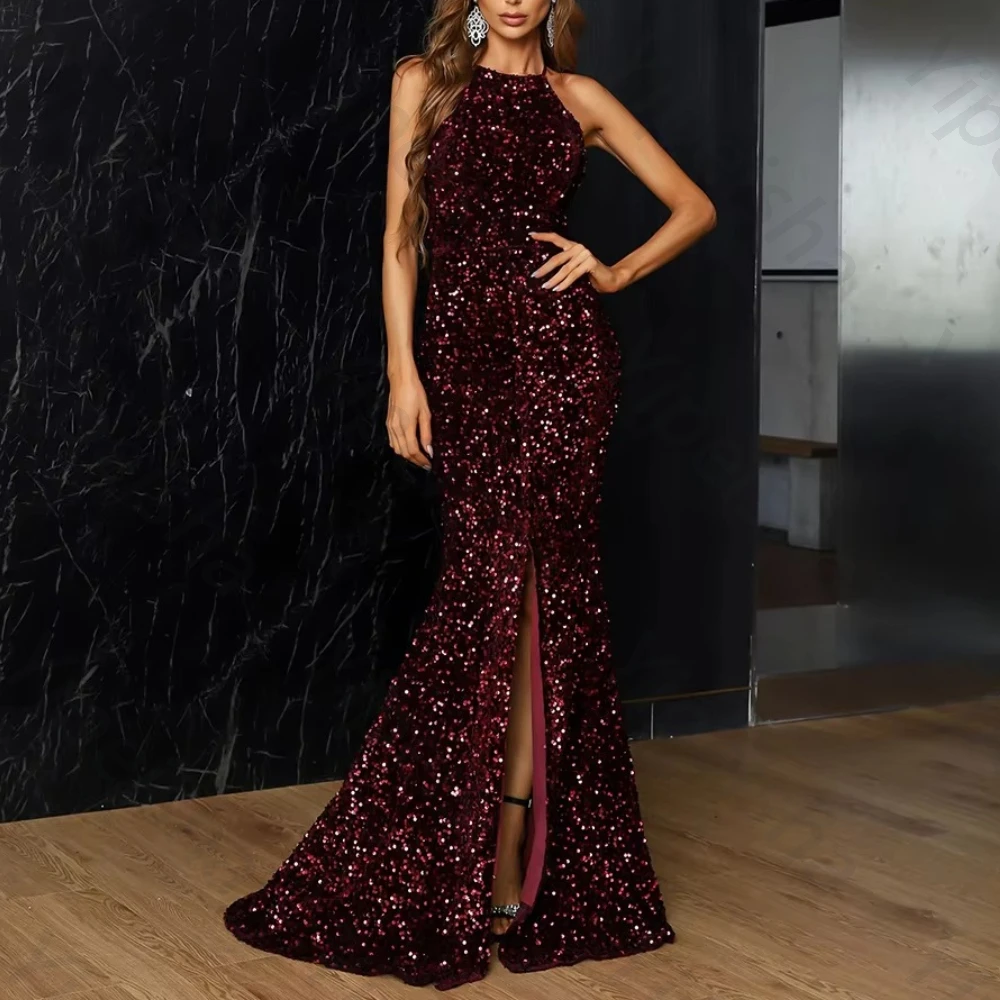 

Customized Sleeveless Side Slit Sequin Evening Dresses Elegant Backless Celebrity Dress Exquisite High Quality Prom Party Gowns