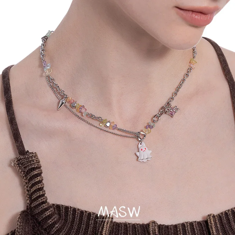 

MASW Original Design Lovely Style Colorful Irregular Bead Cute Ghost Pendant Necklace For Women Gift Jewelry Hollow`s Day Gift