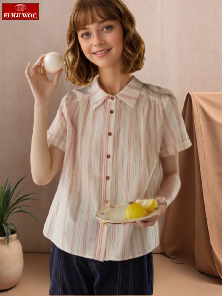 

Cotton Blends Tops Blouses Korea Japan Style Women Summer Short Sleeve Retro Vintage Button Casual Cute Girls Striped Shirts