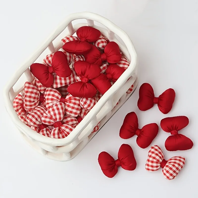 2/4/6/12pcs Retro Red Fabric Bow DIY Set Solid Color Grid Double Design Handmade Hair Accessories Creative Handmade Materials