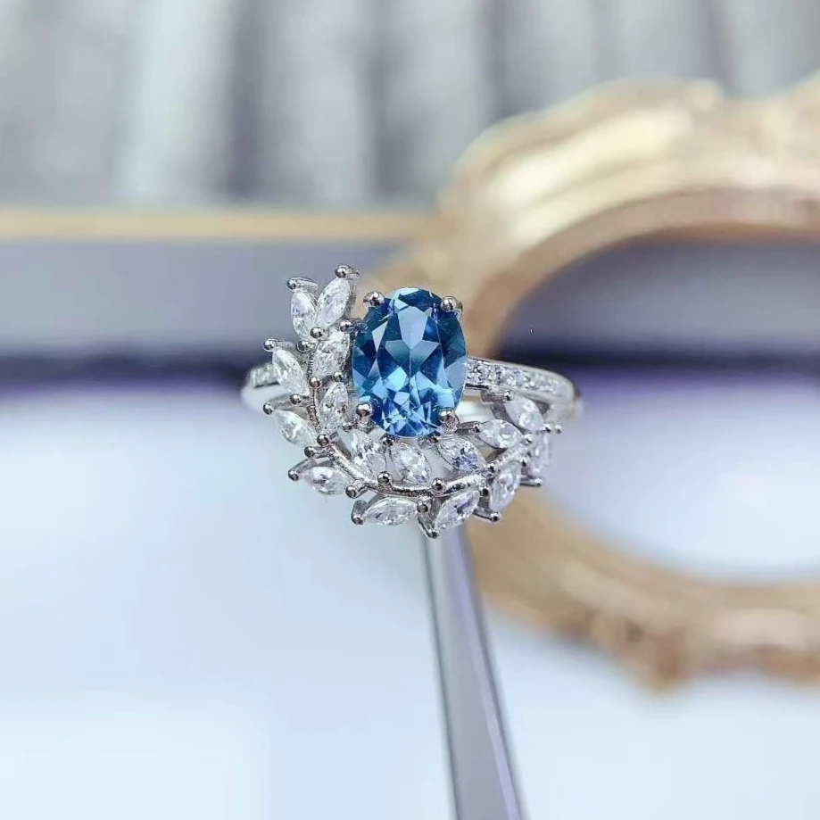 

Кольцо с лондонским синим топазом, настоящее серебро 925 пробы, ювелирные изделия с драгоценными камнями и позолотой 18 карат, 6 мм * 8 мм, серебряное кольцо с натуральным топазом 1 карат