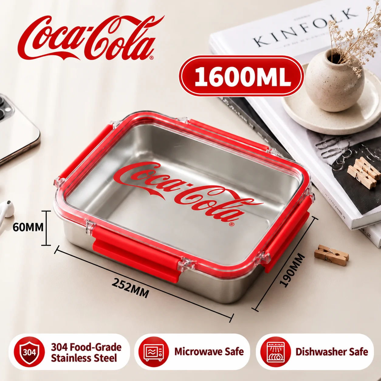 Coca Cola lunchbox, gemaakt van roestvrij staal, lekvrij, geschikt voor het bewaren van voedsel, verkrijgbaar in de maten 600/1000/1600 ml, ideaal voor studenten, op kantoor, thuis of voor een