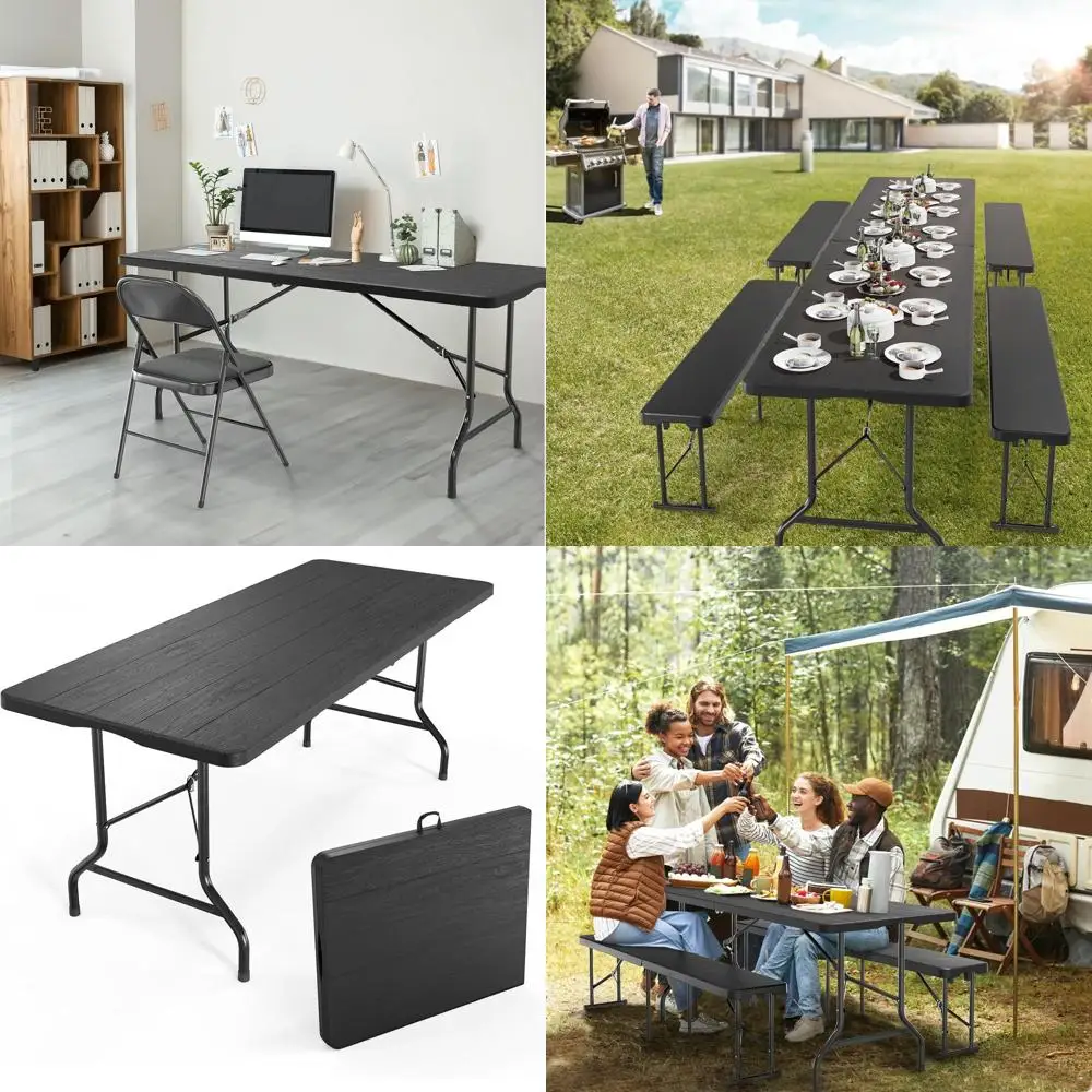 

Portable 6-Foot Rectangular Folding Table with Tree Patterned HDPE Top for Indoor and Outdoor Use, Black