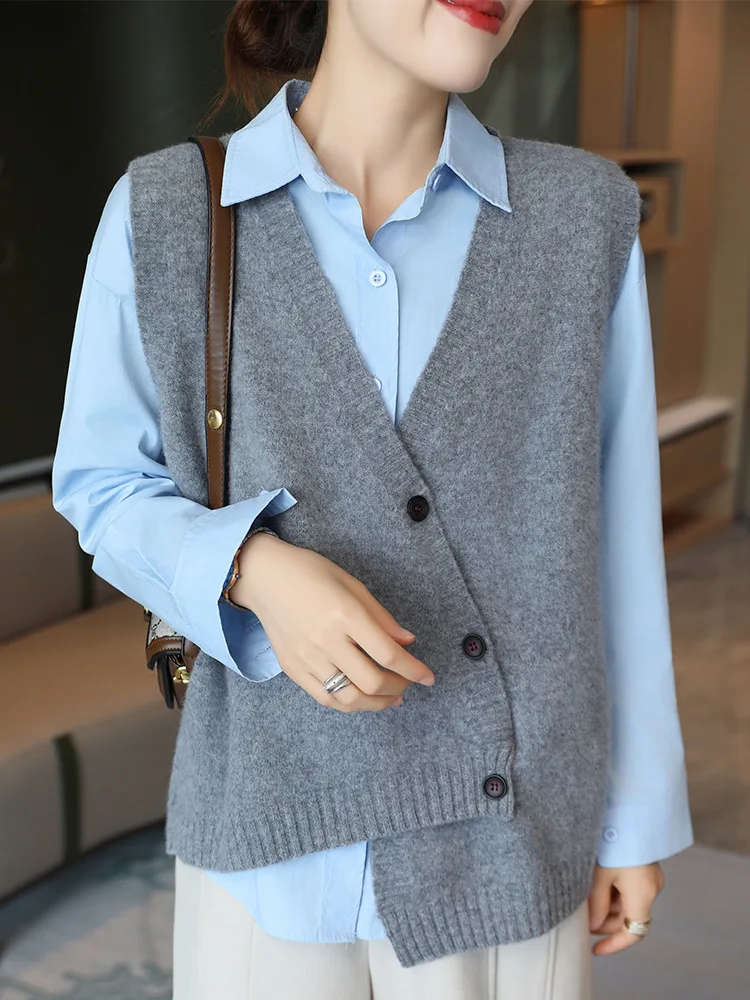 2024 Autumn And Winter New Irregular V-neck Vest Fashionable Pure Wool Sweater Women\'s Slimming Elegant Commuter Vest