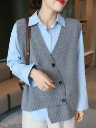 2024 Autumn And Winter New Irregular V-neck Vest Fashionable Pure Wool Sweater Women's Slimming Elegant Commuter Vest