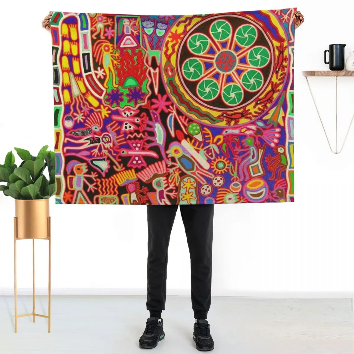 Mexican Colorful Huichol | Mexican Blanket Design | Large Cozy King Size | Vintage Folk Art - Throw Blanket Flannels Blankets