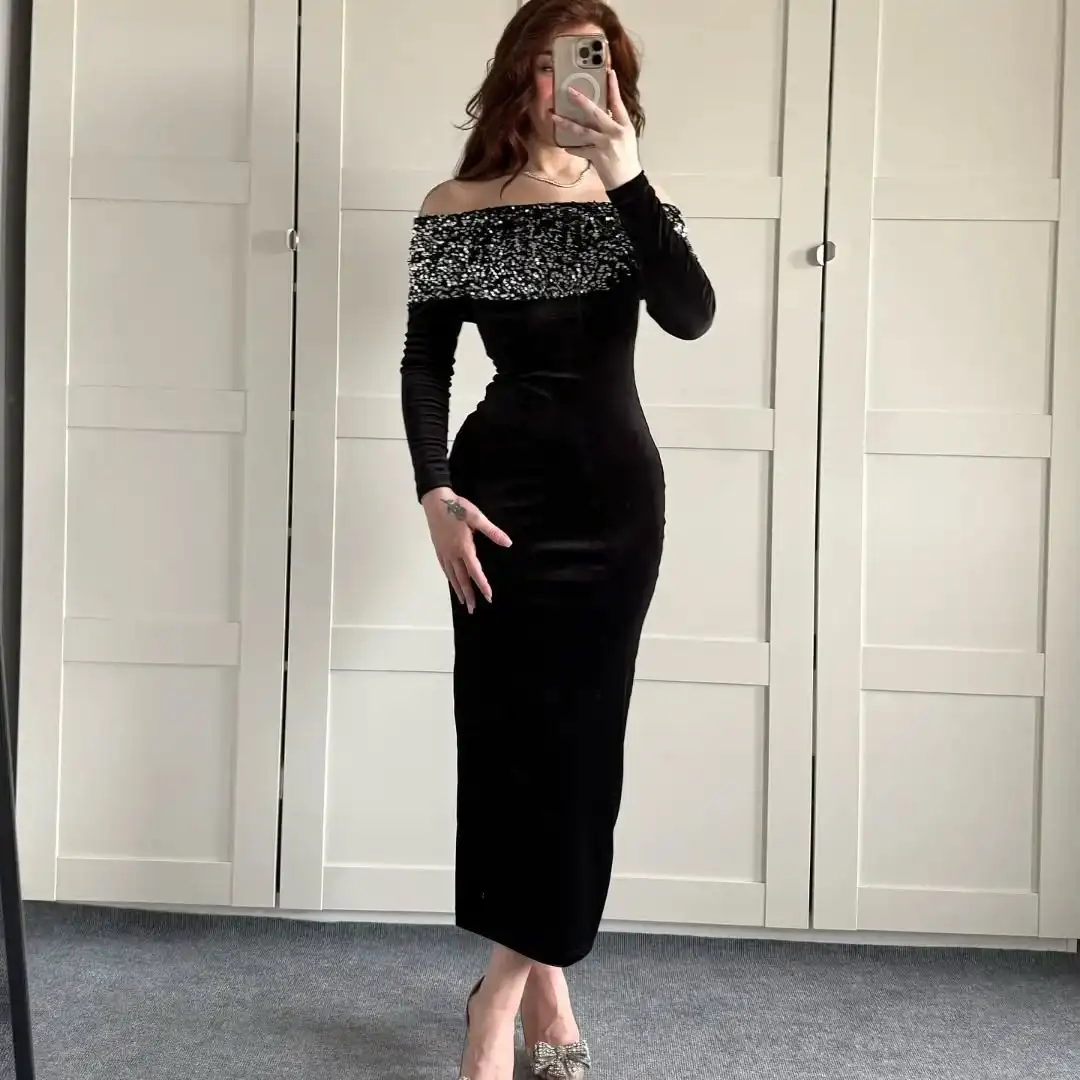 

Customized Modern Boat Neck Off the Shoulder Sequined Evening Dresses Elegant Velvet Pleats Vestido De Festa Vestido De Noche