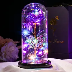 Galaxy Glass Rose Flower, Forever Eternal Crystal, Light Up Rose in Glass Dome, Birthday Gifts for Mom, Her, Grandma, Wife