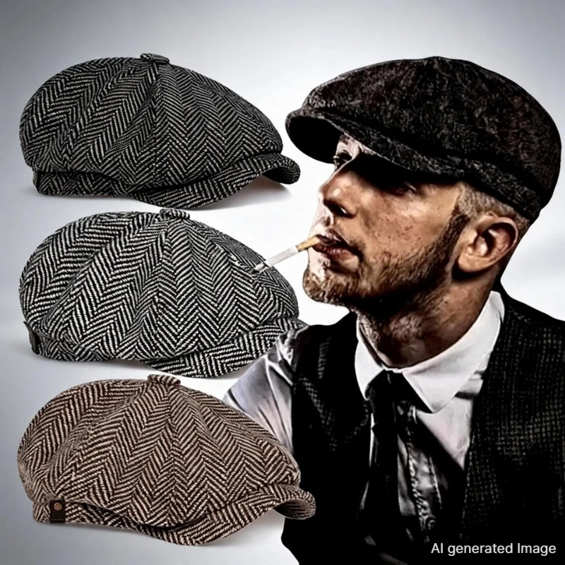 Klassischer Hut für Herren, Vintage Retro Tweed Peaky Blinders Baskenmütze, Flache Schirmmütze, Straßenhüte für Damen und Herren 2028