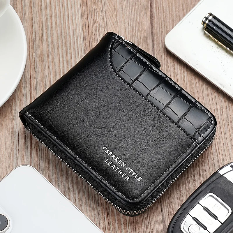 Rfid Leather Men Wallet Luxury Purse Zipper Credit Card Holder With Coin Pocket Gift For Male Money Bag