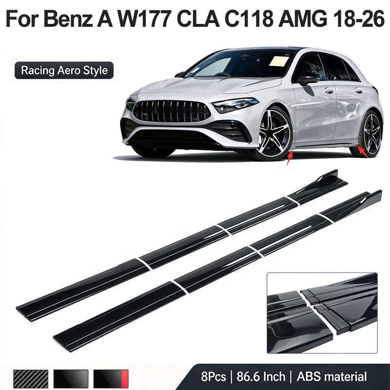 86.6Inch/2.2M Side Skirt Extension Lip For Benz A Class W177 Hatchback CLA C118 AMG Line 2018-2026 Racing Side Spoiler Car Kits