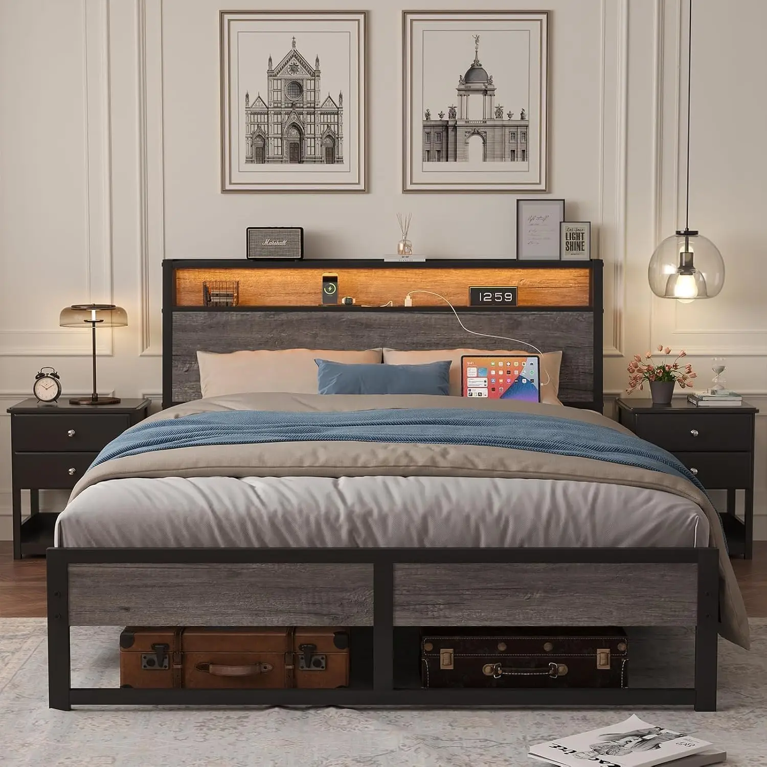

Bed Frame with Charging Station and LED Lights, Metal Platform Bed with Ergonomic Storage Headboard, Heavy Duty Steel