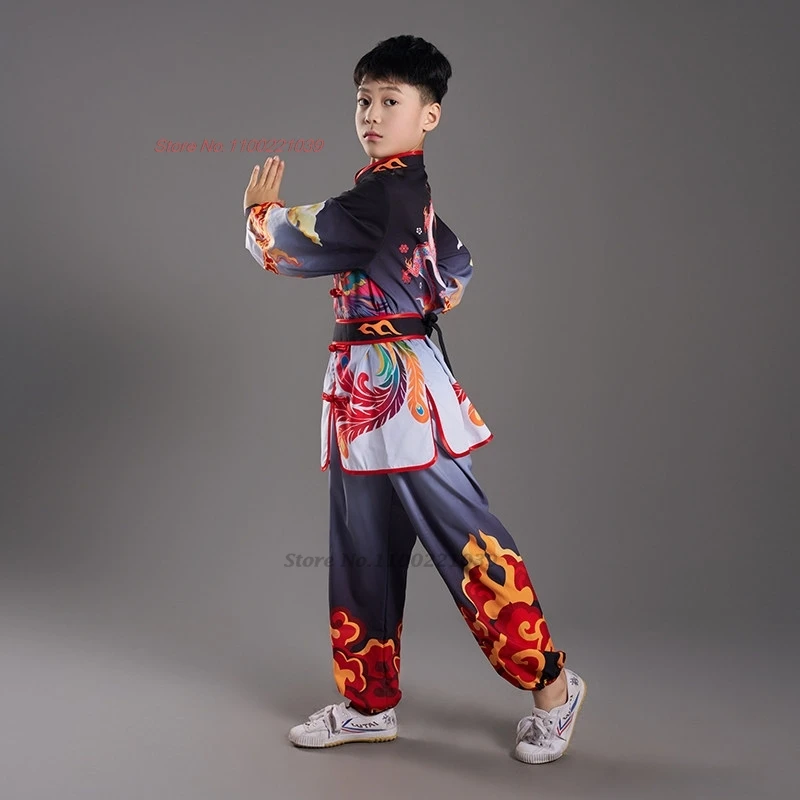 2026 chinese children wushu tai chi uniform wushu kung fu martial arts suit vintage dragon phoenix print training exercise set