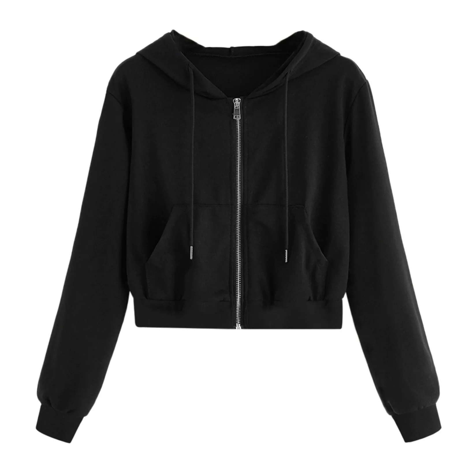 Sudadera lisa con capucha para mujer, abrigo corto de manga larga con cremallera, estilo coreano, informal, holgado, para vacaciones, otoño e
