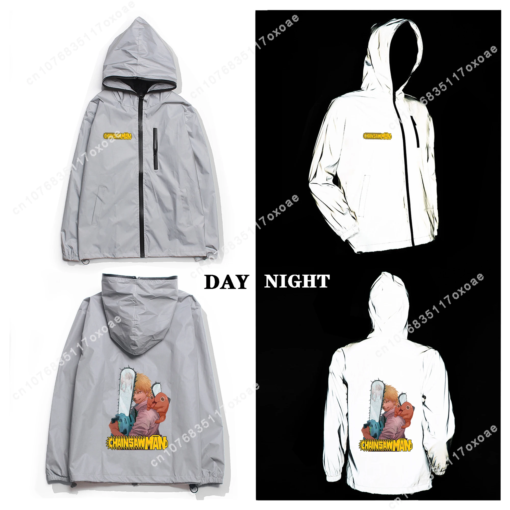 

Chainsaw Man Reflective Jacket Mens Womens Coat Hooded Windbreaker Pocket Jackets Denji Anime Cartoon Manga Customization Hoodie