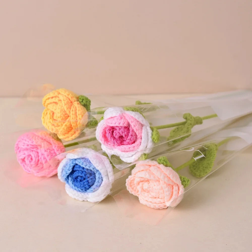 Handmade Knitting Gradient Blue Rose Bouquet Home Decoration Artificial Crochet Fake Flower Valentine\'s Day Wedding Party Decor