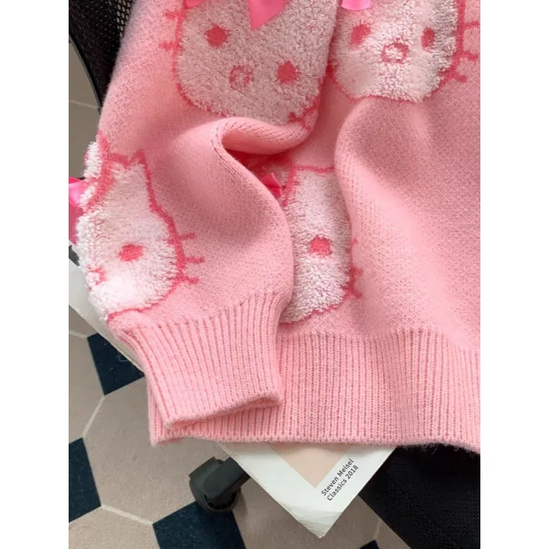 Kawaii Hello Kitty modny słodki sweter sweter wiosenny i jesienny dorywczo luźna kurtka z dekoltem w kształcie litery V dla kobiet