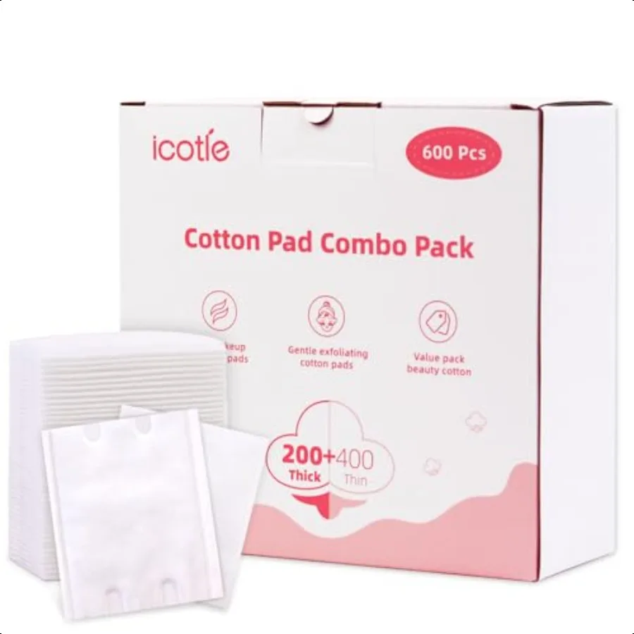 600 PCS Square Cotton Pads Soft and LintFree Includes 400 UltraThin and 200 Thick Pads Hypoallergenic Makeup Remover for Face E