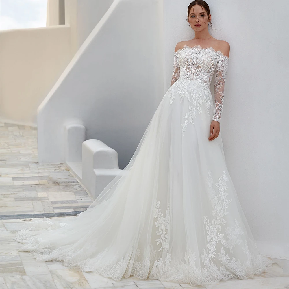 

Classic Bride Tulle Wedding Dress Lace and Applique Off the Shoulder Long Sleeves A-Line Floor Length Illusion Backless Gowns