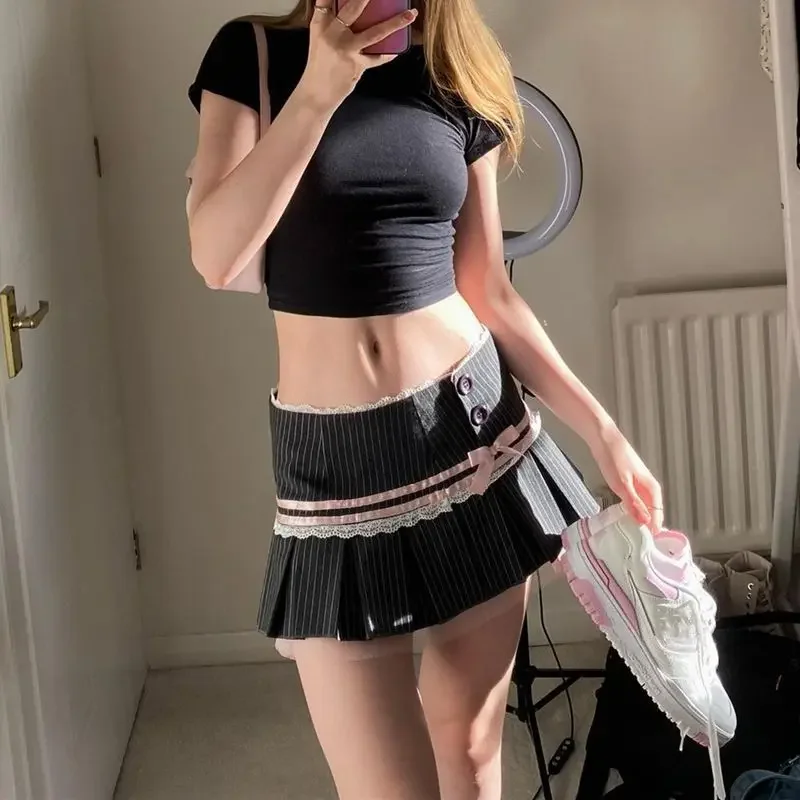 

Topanoma Mini Skirts Women Striped Bow Lace Patchwork High Waist Sweet Elegant JK Skirt Y2k Fashion Button Female Casual Chic
